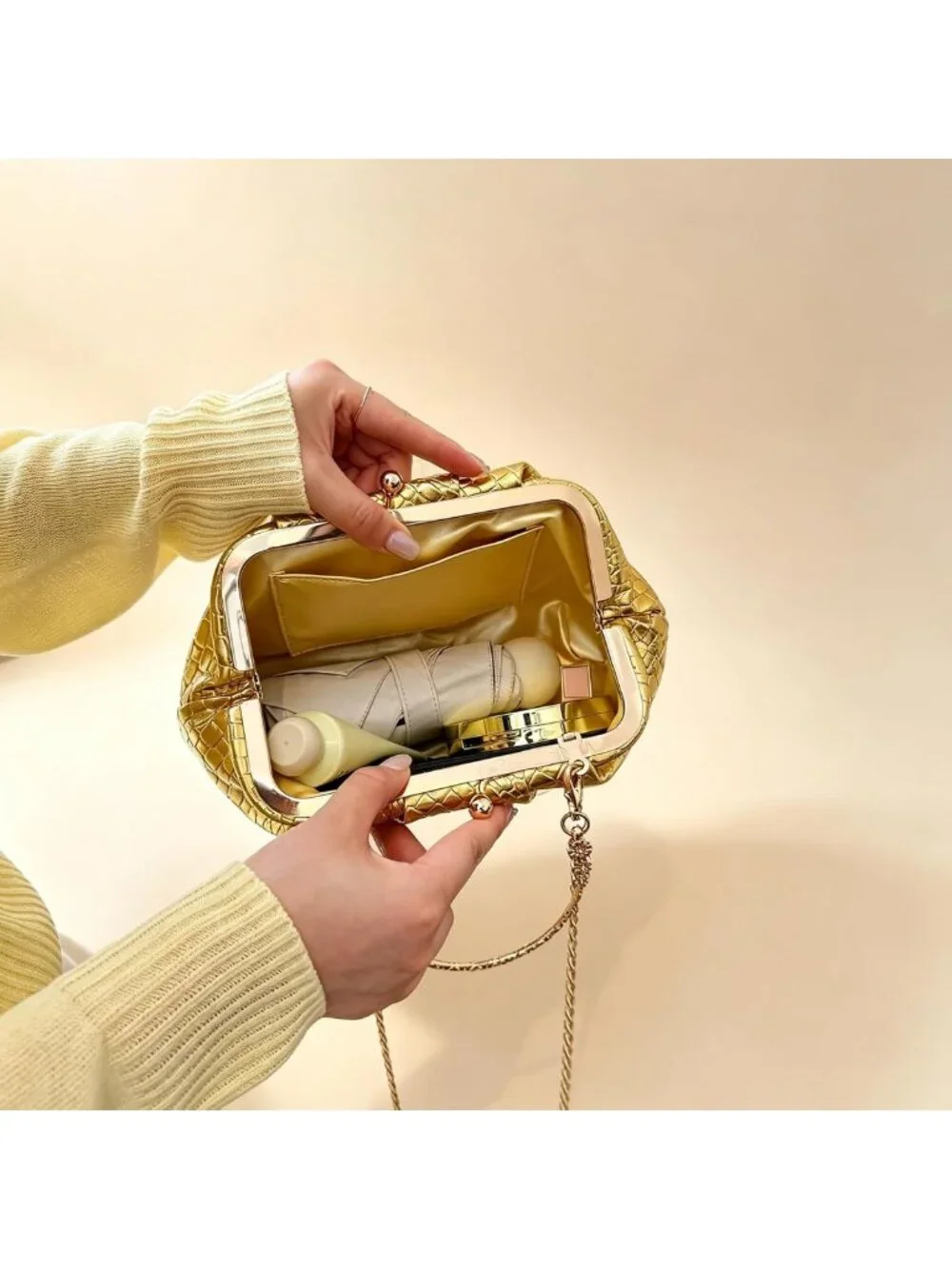 Chic Gold Dumpling Clutch Purse for Women | Evening Handbag with Wristlet